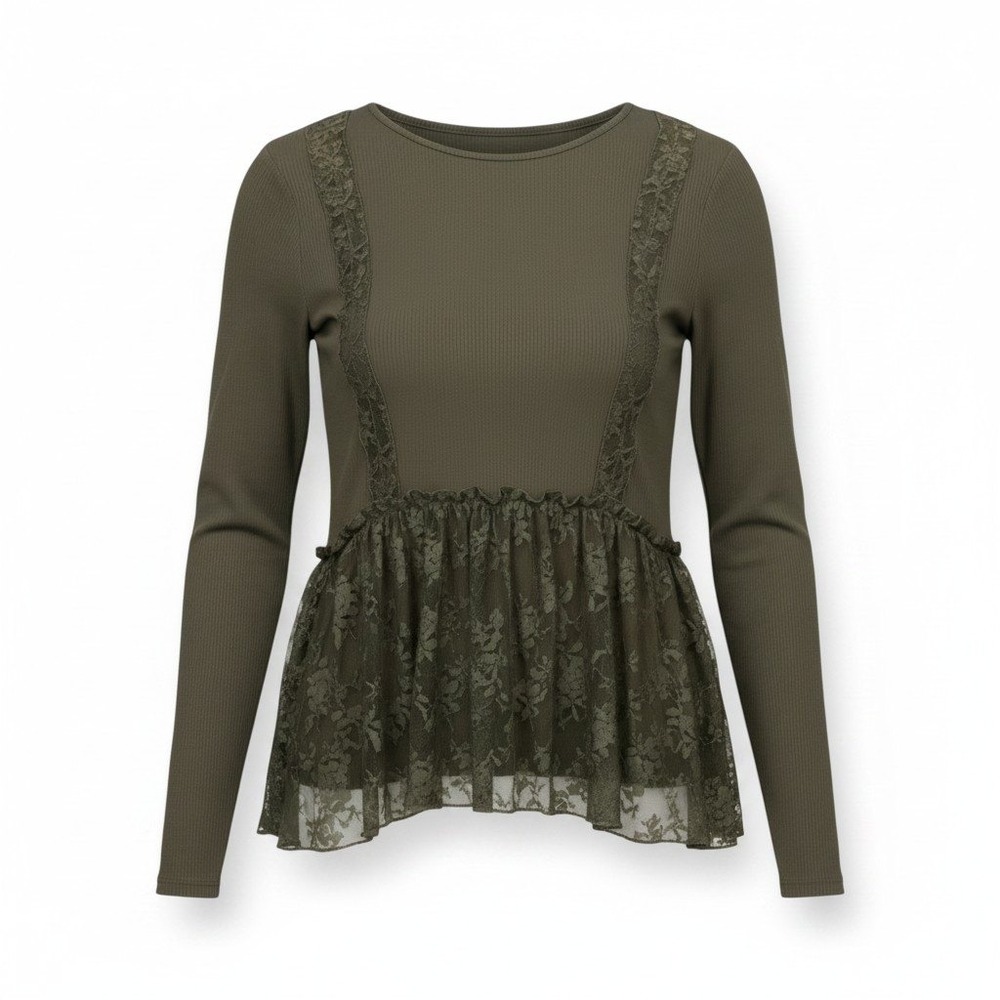 Daytrip Olive Green Waffle Knit Lace Peplum Long Sleeve Top JT26312 Medium